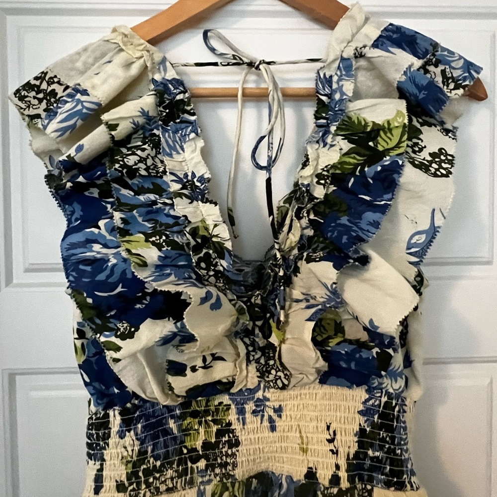 Caroline Constas Blue and Cream Floral Ruffle Maxi Dress